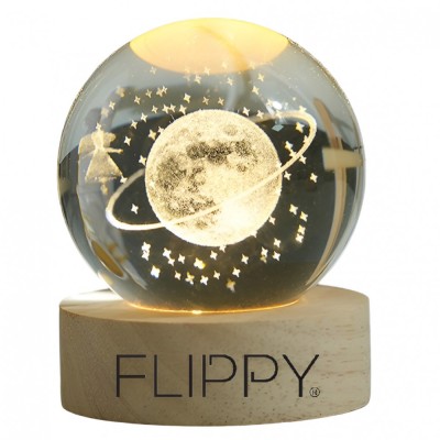 Lampa led decorativa, flippy, cu bila de cristal cu diametru 6cm, model cer instelat 3d, alimentare usb, suport din lemn, lumina alb cald foto