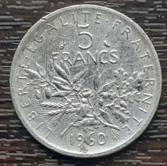 (A989) MONEDA DIN ARGINT FRANTA - 5 FRANCS 1960, SEMANATOAREA, 12 GRAME, AG 835 foto