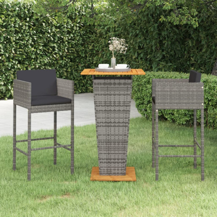 Set mobilier bar de gradina, cu perne, 3 piese, gri, poliratan