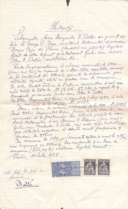 A3057N Chitanță pentru bunurile primite de la executorul testamentar, 1924, Vaslui