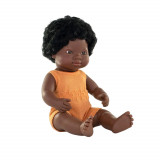 Papusa 38 cm, fetita africana, imbracata in salopeta tricotata, MINILAND