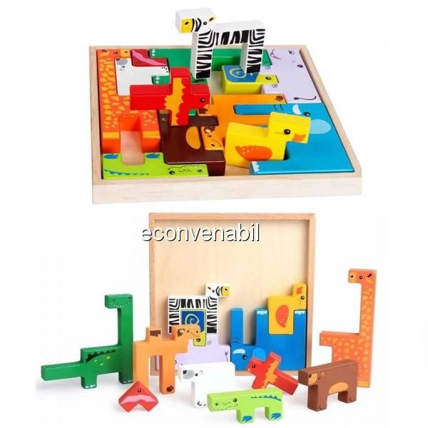 Puzzle Educativ Copii tip Tetris cu Animalute de Lemn Puzzle Educativ Copii tip Tetris cu Animalute de Lemn