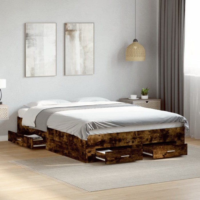 vidaXL Cadru pat cu sertare stejar fumuriu 140x190 cm lemn prelucrat 3280402