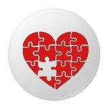 Cumpara ieftin Insigna metalica rotunda 58 mm, model inima puzzle rosie, sistem prindere ac siguranta