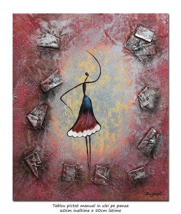 Tablou pictat manual, Balerina stilizata, 60x50cm ulei pe panza in relief, efect 3D