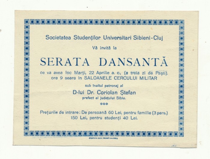 Sibiu - invitatie la serata dansanta a studentilor &icirc;n Cluj, organizata de prefectul Coriolan Stefan (aprox. 1930)