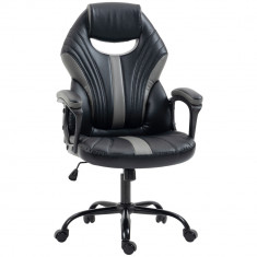 Vinsetto Scaun Gaming Stil Office, Imitație Piele PU, Negru/Gri, Înălțime Ajustabilă, Sezut Rotativ, 63x68x105-113cm | Aosom Romania