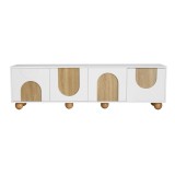 Comodă TV cu 4 uși, design minimalist cu aspect de lemn și finisaj alb, 175x38x50 cm, Culoare naturală+Alb