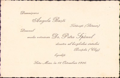 HST A470 Invitație nuntă 1926 Petre Sp&amp;acirc;nul director herghelia Bonțida foto