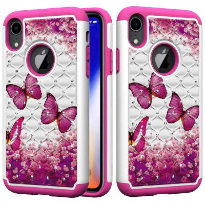 Husa iPhone XR Printing Rhinestone - Pink Butterfly foto
