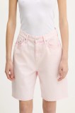 Tommy Jeans pantaloni scurți jeans culoarea roz, uni, high waist, DW0DW21646