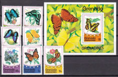 Grenada Grenadines 1975 fauna fluturi MI 79-85 + bl.10 MNH foto