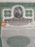 $500 Dolari Aur 1929 Romania Titlu de Stat Obligatiune neincasata la purtator cu dobanda si cupoane