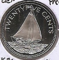 Bahamas 25 Cents 1974 - PROOF, Cupru-nichel, 24,26 mm, KM-63.1 UNC !!!