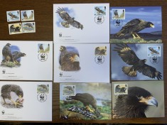 falkland - pasari - vultur - serie 4 timbre MNH, 4 FDC, 4 maxime, fauna wwf foto