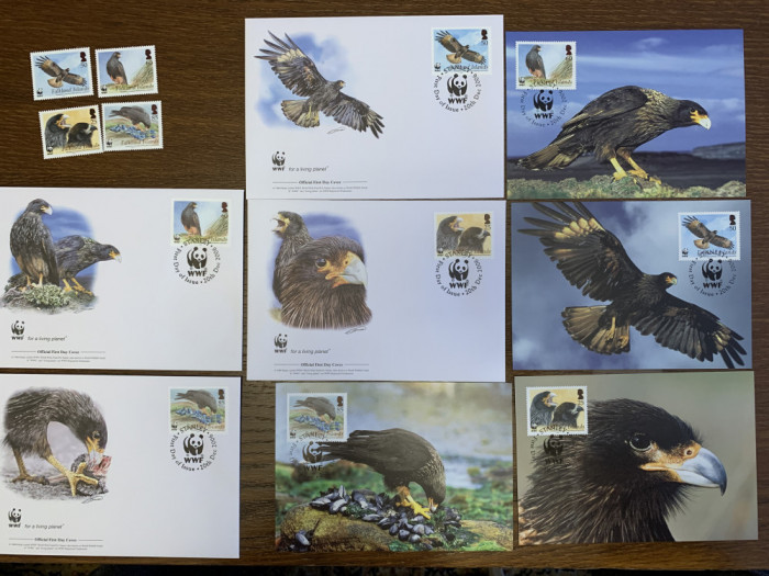 falkland - pasari - vultur - serie 4 timbre MNH, 4 FDC, 4 maxime, fauna wwf