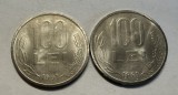 Lot 2 x 100 Lei 1991 Romania UNC, varianta cu codita la "99" rotunjita, RARA!, ambele tipuri de scris pe muchie (A si B)