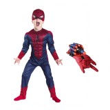 Set costum Spiderman cu muschi si manusa lansator cu 7 ventuze din burete , IdeallStore&reg;, marime M, rosu