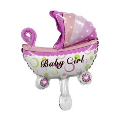 Balon din folie metalizata, flippy, mini figurina, model carucior bebelus, tematica gender reveal, 39x29 cm, ambalaj individual, pai inclus, umflare c