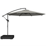 Outsunny Parasol cu braț lateral pentru grădină 300 cm cu bază &icirc;n cruce, sac de nisip, parasol tip banană rotativ 360&deg;, gri | Aosom Romania