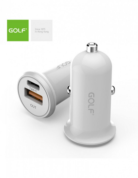 Alimentator incarcator auto 12-24V la 1x USB QC +1x 3A FastCharge USB Type C PD alb GF-C7 Golf