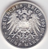 Monedă Prusia 5 Mark 1901 Friedrich I și Wilhelm II, rebatere modernă din 2001