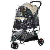 PawHut Cărucior pentru C&acirc;ini cu 3 Roți, Cărucior Pliant cu Husă de Ploaie, Coș și Curea, 80,5x51,5x100 cm, Kaki | Aosom Romania