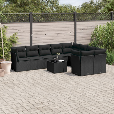 vidaXL Set canapele de grădină cu perne, 10 piese, negru, poliratan foto