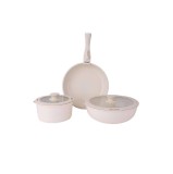 Set 5 piese din ceranica, compus din 2 oale, 1 tigaie si 2 capace de sticla, crem, ZILAN / ZLN 0965