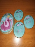 Decor vechi tablou din lemn set 4 placa ovala de perete pictat manual verde pastel auriu si roz cu zana inger pazitor dragoste bucurie pace