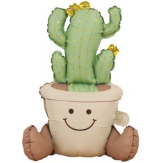 Balon din folie metalizata, flippy, figurina animata, model ghivechi cactus, 57.5 x 56 cm, ambalaj individual, pai inclus, umflare cu aer sau heliu, v