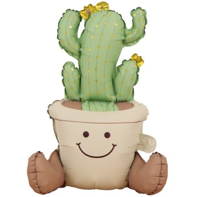 Balon din folie metalizata, flippy, figurina animata, model ghivechi cactus, 57.5 x 56 cm, ambalaj individual, pai inclus, umflare cu aer sau heliu, v foto