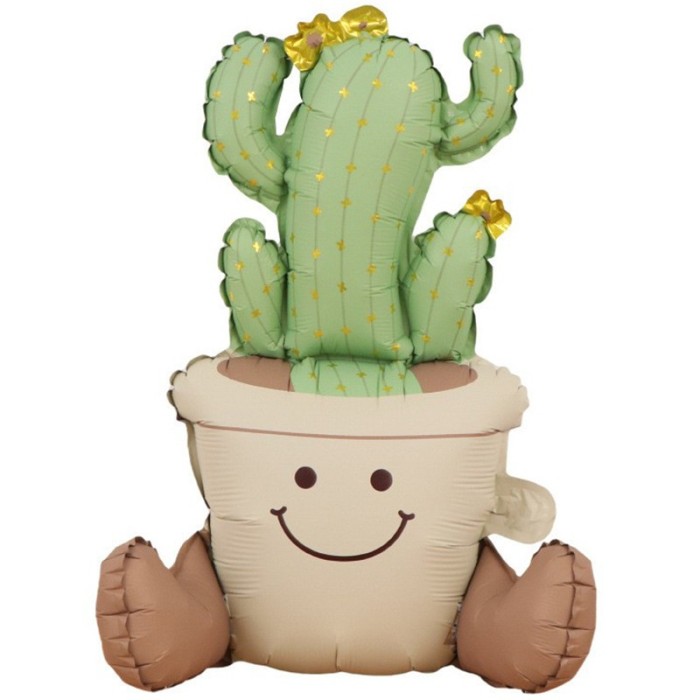 Balon din folie metalizata, flippy, figurina animata, model ghivechi cactus, 57.5 x 56 cm, ambalaj individual, pai inclus, umflare cu aer sau heliu, v