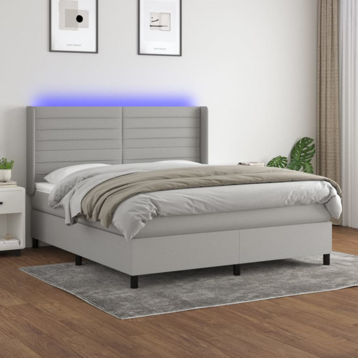 vidaXL Pat cu arcuri, saltea și LED, gri deschis, 160x200 cm, textil 3138405