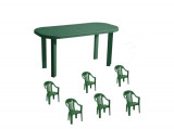 Set masa OMC 140x70x70 cu 6 scaune OMC, pentru gradina, verde, din plastic, Set masa si scaune