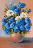 Tablou canvas Flori, margarete, alb, albastru, pictura, buchet4, 45 x 30 cm