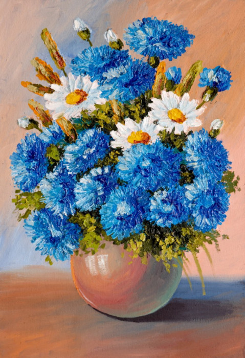 Tablou canvas Flori, margarete, alb, albastru, pictura, buchet4, 90 x 60 cm