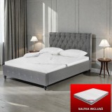 Cumpara ieftin Set pat tapitat Miami cu saltea ortopedica , cadru din lemn, Culoare Gri