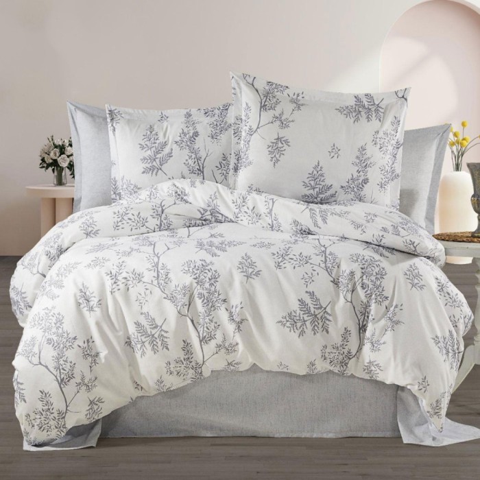 Lenjerie pat dublu,bumbac ranforce,4 piese,alba cu flori,RNFN240