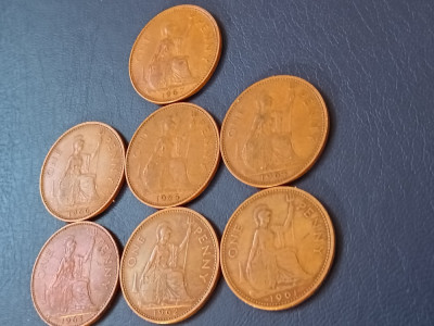Lot 7 monede UK, One 1 penny 1961 1962 1963 1964 1965 1966 1967 , stari EF+/aUNC foto