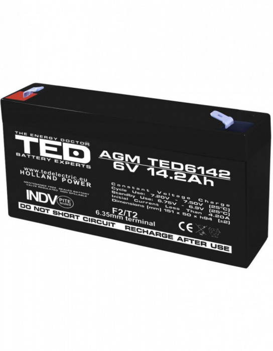 Acumulator AGM VRLA 6V 14,2A dimensiuni 151mm x 50mm x h 95mm F2 TED Battery Expert Holland TED003034 (10) SafetyGuard Surveillance