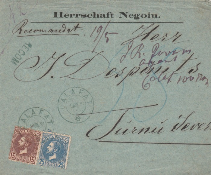 1881 Romania - Plic cu antet Herrschaft Negoiu circulat cu serie Carol Perle