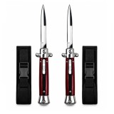 Cumpara ieftin Set de doua cutite cu lamă tip stiletto automate DEPOX&reg;, m&acirc;ner rosu/negru, 27 cm, cu husă inclusa