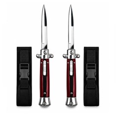 Set de doua cutite cu lamă tip stiletto automate DEPOX&reg;, m&acirc;ner rosu/negru, 27 cm, cu husă inclusa