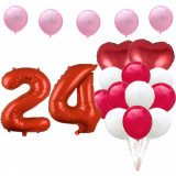 Set de 17 baloane pentru aniversarea de 24 de ani, cu 15 baloane din latex roz, albe si rosii si 2 baloane inimioara din folie, ideal pentru o petrece
