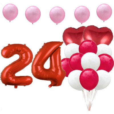 Set de 17 baloane pentru aniversarea de 24 de ani, cu 15 baloane din latex roz, albe si rosii si 2 baloane inimioara din folie, ideal pentru o petrece foto