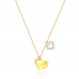 Colier din aur de 9K - inimă cu inscripția &amp;quot;Love&amp;quot;, contur de inimă cu zirconii