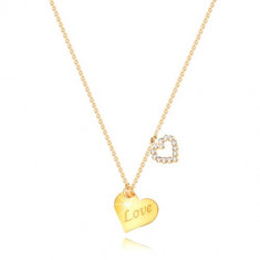 Colier din aur de 9K - inimă cu inscripția &quot;Love&quot;, contur de inimă cu zirconii