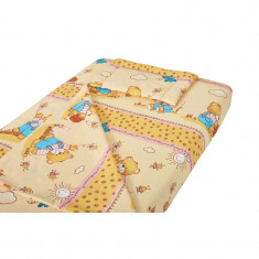 Lenjerie patut bebe, SomnART, cearceaf pat 60x120x10 cu elastic, cearceaf pilota 80x110, perna joasa 20x35, Honey