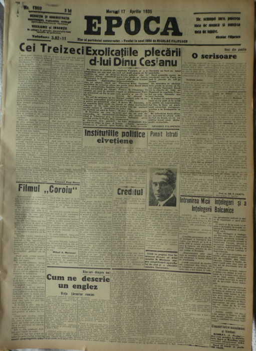 Epoca , ziar al Partidului Conservator , nr. 1869 , 1935 , Grigore Filipescu
